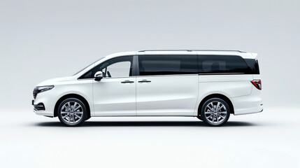 Side view of a modern white minivan with sleek design on a neutral background, highlighting its aerodynamic shape and alloy wheels.