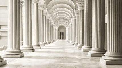 A long, white, marble corridor with arched ceilings and columns. The corridor leads to a dark doorway at the end.