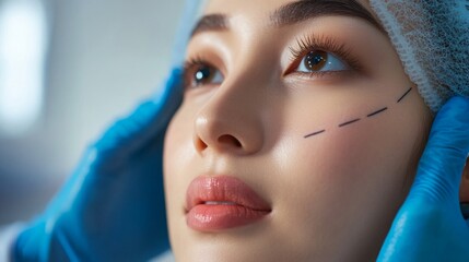 Plastic surgery preparation, beauty concept, Surgeon or beautician touching patient's faceh. Banner background before rhinoplasty, medical assistance, health
