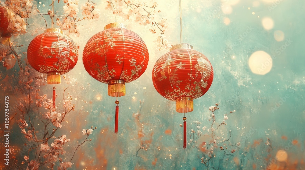 Poster three red lanterns surrounded by cherry blossoms, creating a tranquil atmosphere in a serene spring 