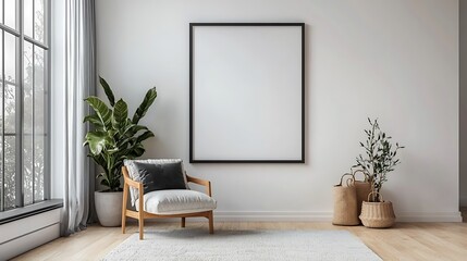 Mockup of an ISO A paper size frame, displaying a living room wall poster. Interior scene with a residential environment. Modern design aesthetics. 3D rendering.