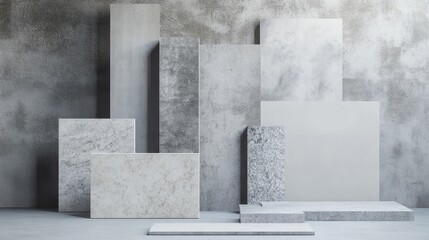 Abstract geometric shapes of various sizes and textures against a concrete wall.