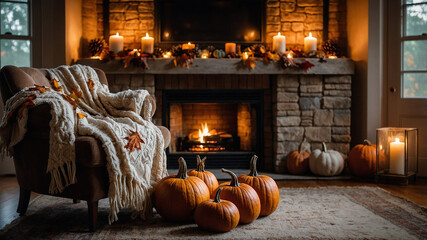 A cozy autumn living room with a roaring fireplace, decorated with pumpkins, dried leaves, and pinecones. Soft lighting casts a warm glow, with wool blankets draped over a plush armchair, creating an 