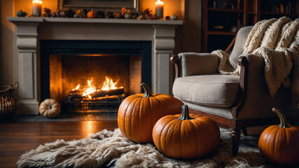 A cozy autumn living room with a roaring fireplace, decorated with pumpkins, dried leaves, and pinecones. Soft lighting casts a warm glow, with wool blankets draped over a plush armchair, creating an 