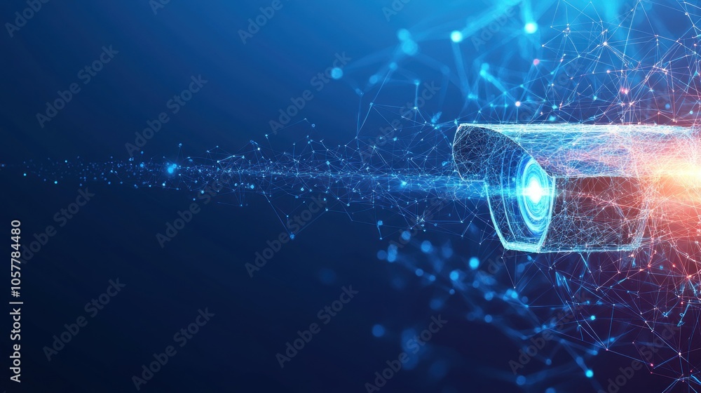Poster a futuristic security camera with glowing lens and connected lines of data in blue and red against a