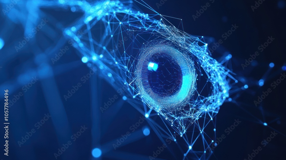 Wall mural abstract blue digital ring with glowing lines and dots on a dark background.