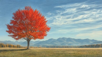 A lone, vibrant red maple tree stands in a field with mountains in the background.