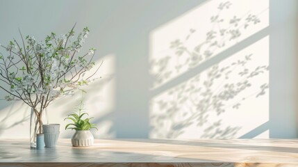 Free space kitchen interior with white wall shadows in sunny morning for Easter table composition with spring flowers.
