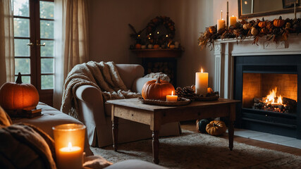 A cozy autumn living room with a roaring fireplace, decorated with pumpkins, dried leaves, and pinecones. Soft lighting casts a warm glow, with wool blankets draped over a plush armchair, creating an 