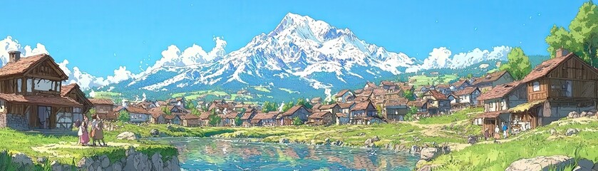 Fototapeta premium Picturesque Anime Landscape with Fireworks Display