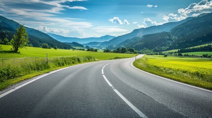 Naklejka premium Scenic asphalt road in Austria surrounded by lush green fields with mountain backdrop