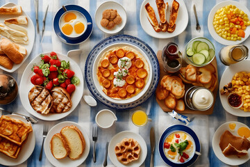 Delicious Breakfast Table Setting with Scrambled Eggs Waffles and Fresh Fruit