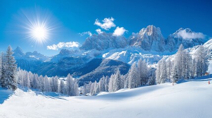 Winter Ski Resort high quality photo. Mountains and forest trees, vail snowy landscape. Family holidays vacation background.