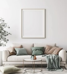 Minimalist living room interior with a white sofa. a coffee table and a picture frame on the wall
