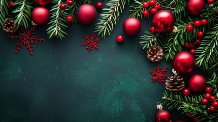 Traditional Christmas decorations creating a festive atmosphere with red ornaments, pine branches, and snowflakes set against a dark green background during the holiday season