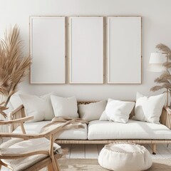 A minimalist living room interior design with a white sofa. a rattan armchair. and three empty picture frames on the wall The room is decorated with beige and white tones