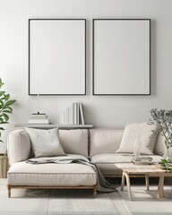 A living room interior with a white sectional sofa. two blank framed canvases on the wall. a coffee table. and a potted plant