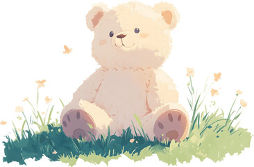 Cute Teddy Bear Sitting in Grass with Flowers and Butterflies