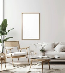 Minimalist living room interior with a white sofa. two armchairs. a glass coffee table. a potted plant. and a framed picture on the wall