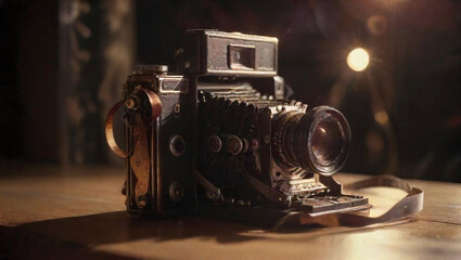 Vintage camera on a wooden table illuminated by soft light in a cozy setting