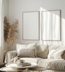 A minimalist living room with a white sofa. two empty frames. a coffee table with books and a cup. and a dried plant in the corner