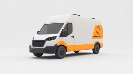 White delivery van with orange stripe and logo on white background.