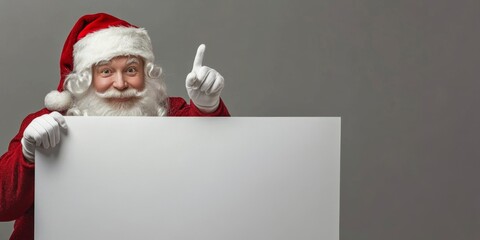 Naklejka premium Cheerful Santa Claus Holding a Blank Sign Mock Up with Space for Your Text, Holiday Promotions and Events. Jolly Santa Claus gesturing pointing on white banner placard, festive themes advertising.