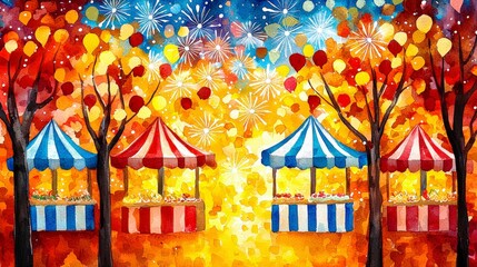 Fototapeta premium Festive Nighttime Market in Watercolor Style