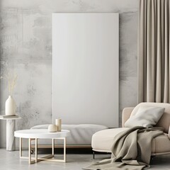 Modern living room interior with a blank canvas for art or design projects The space features a comfortable couch. coffee table. and a minimalist aesthetic