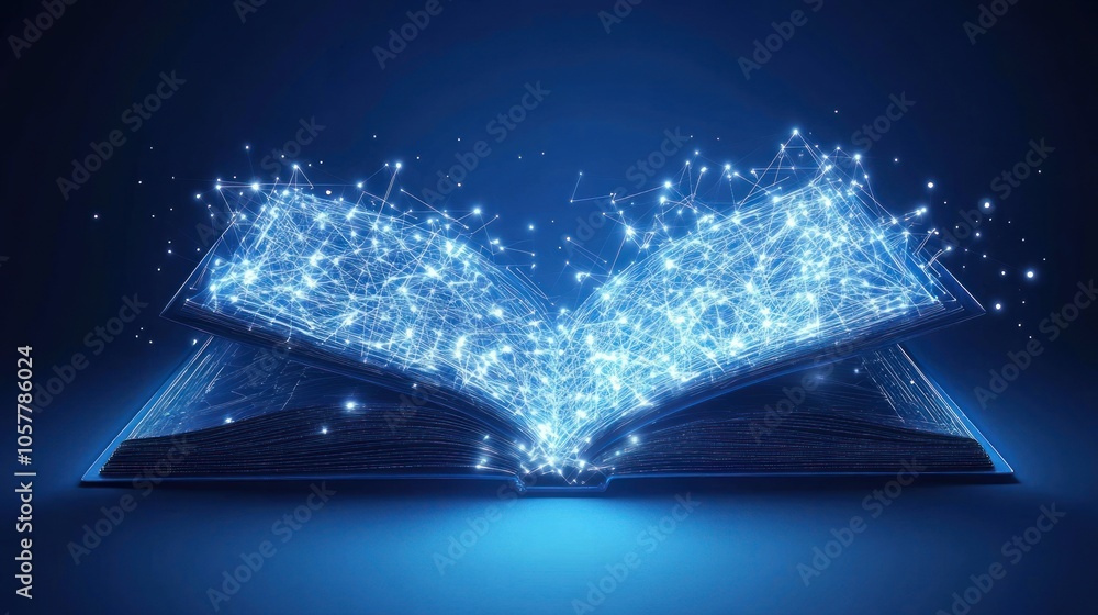 Sticker an open book with glowing, digital particles emanating from its pages against a blue background.