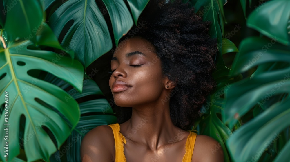 Wall mural serene black woman enjoying the beauty of lush green tropical leaves with a calm and content express