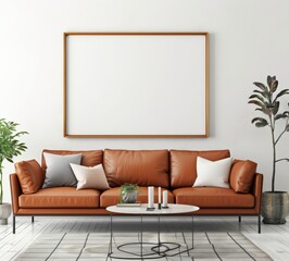 A modern living room with a brown leather sofa. white pillows. and a large blank picture frame above A white rug sits on the light wood floor with a round coffee table and two plants