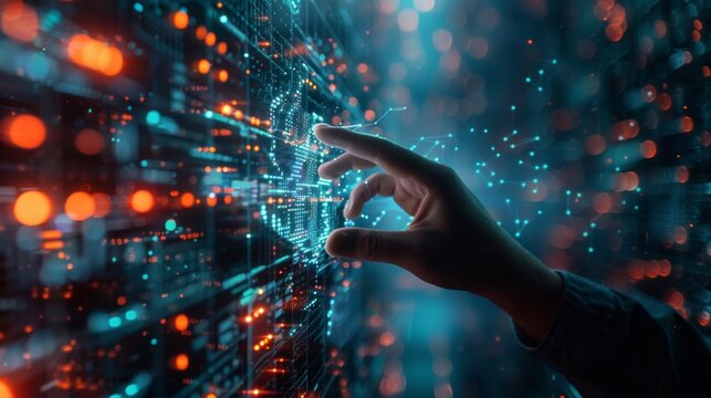 Hand reaching into virtual data with digital particles