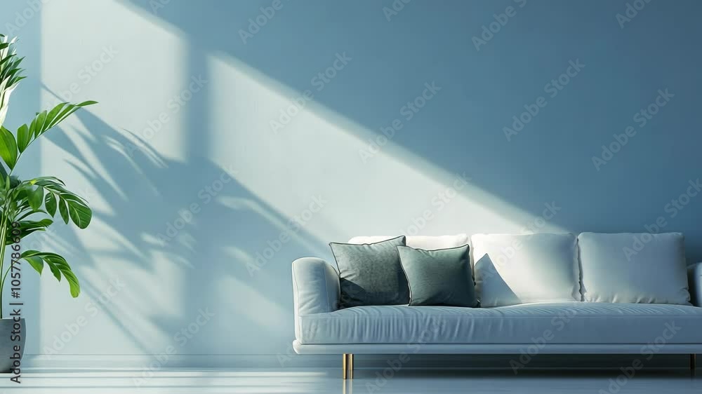 Poster sunlight streams through a window, illuminating a white sofa with grey pillows in a minimalist livin