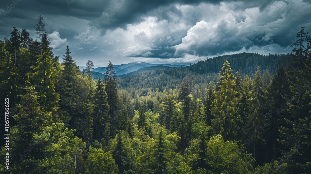 Aufkleber serene mountain forest view with dramatic cloudy sky overhead