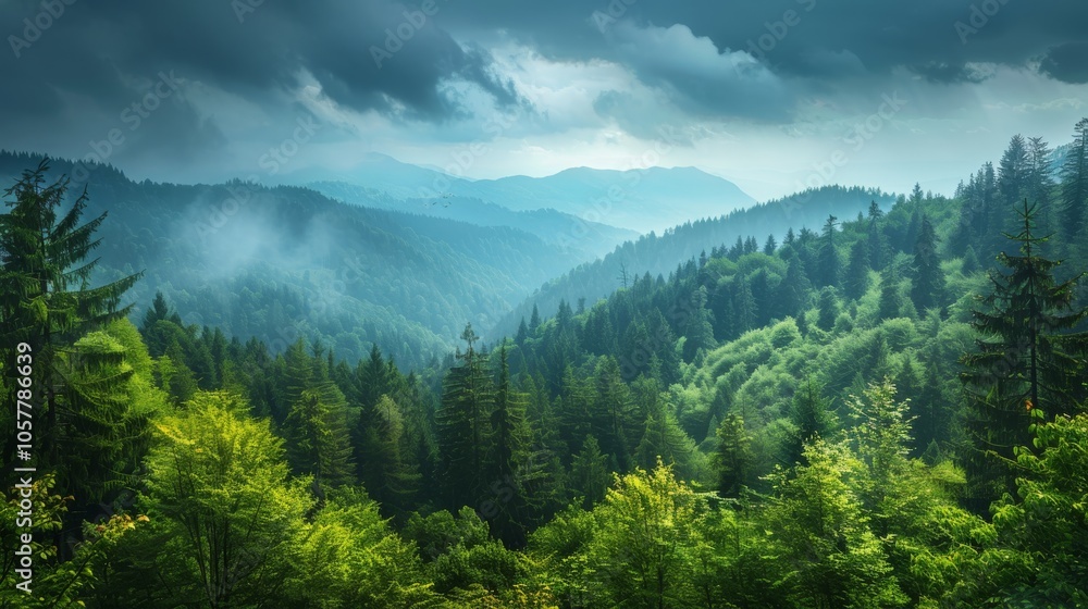 Aufkleber serene mountain forest view with dramatic cloudy sky overhead