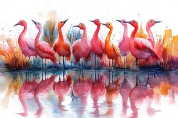 Obraz premium A vibrant watercolor illustration of pink birds standing by a reflective water surface.