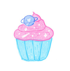 cupcake with a cosmic pattern. pink cream decorated with Saturn caramel with a heart in a blue cup