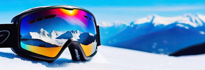 Colorful ski goggles on a snowy field, winter adventure in the mountains. Outdoor gear skiing and snowboarding accessories, protection eyes. Landscape with bright sun. Banner background, copyspace.