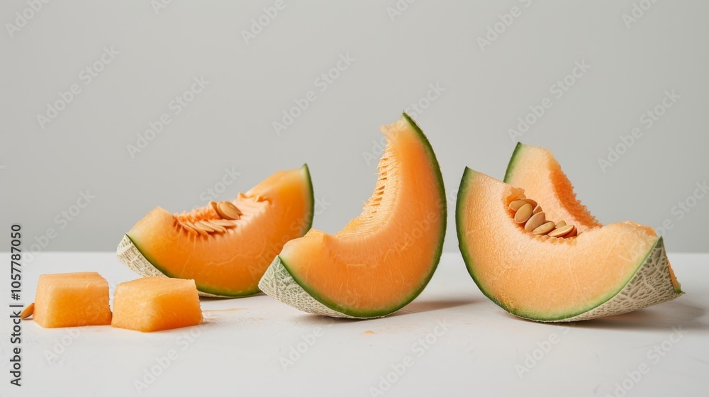 Poster Several cantaloupe chunks and seeds displayed on a plain background, emphasizing the fruit's rich color and texture.