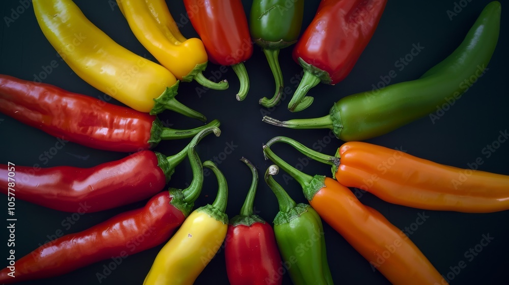 Poster several chili peppers arranged in a circular pattern, showcasing their uniform size and bright hues