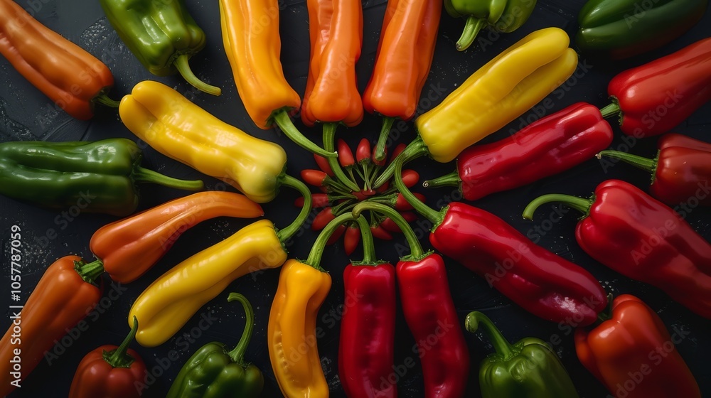 Poster several chili peppers arranged in a circular pattern, showcasing their uniform size and bright hues