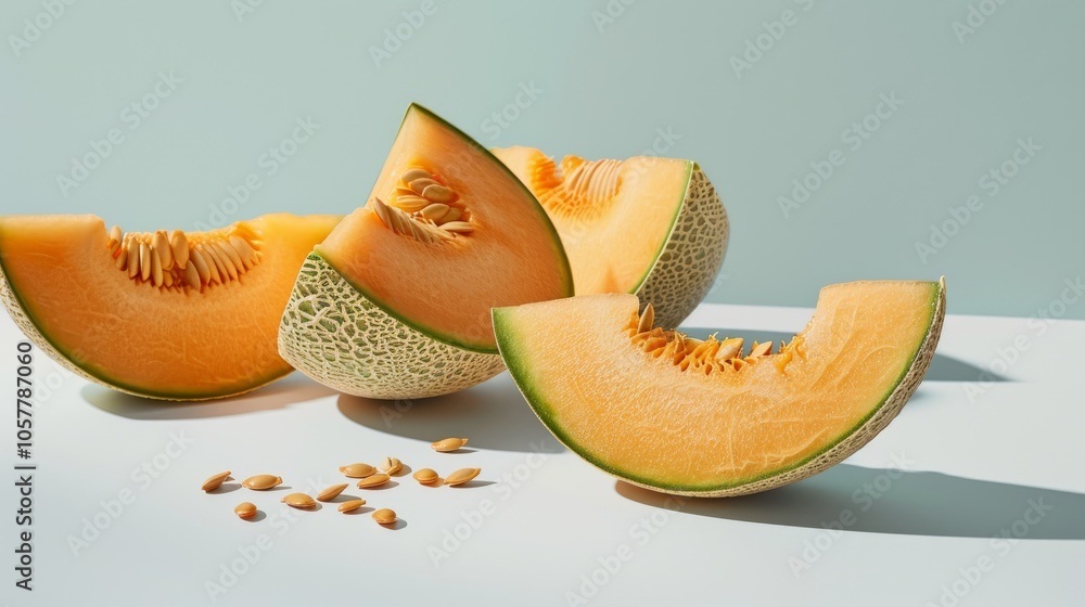 Poster several cantaloupe chunks and seeds displayed on a plain background, emphasizing the fruit's rich co