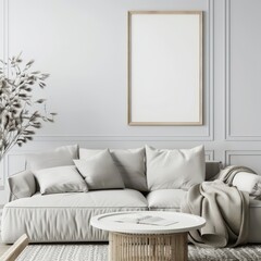 Fototapeta premium A minimalist living room interior with a white sofa. a wooden coffee table. and a framed poster