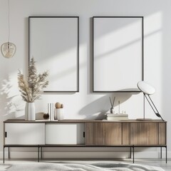 Modern minimalist interior design with a wooden cabinet. two blank posters. a vase with dried grass. a lamp. and books