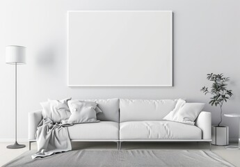 Minimalist living room interior with a white sofa. a floor lamp. a plant and a blank canvas on the wall