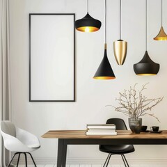 Modern black and gold pendant lights hanging over a dining table in a contemporary living room