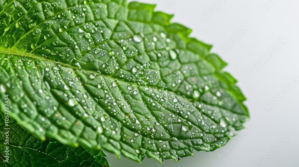 Aufkleber Single mint leaf showing intricate patterns and fresh dew drops