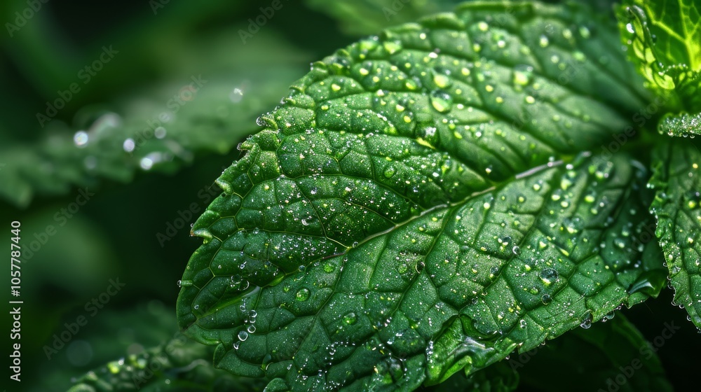 Aufkleber Single mint leaf showing intricate patterns and fresh dew drops