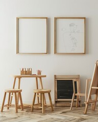 A minimalist playroom with wooden furniture. a chalkboard easel. and framed artwork